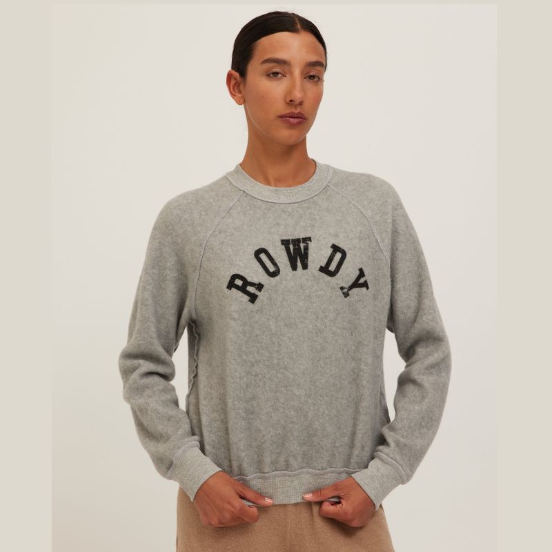 Heather Grey reversible sweatshirt with ROWDY in black letters on model 