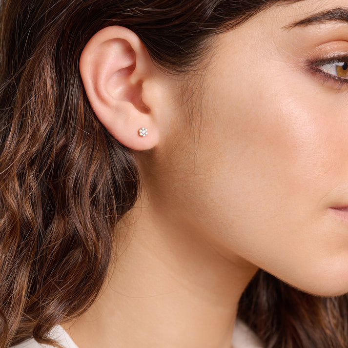 Petite Cluster Lab Diamond Stud Earrings on model- cluster appears as an abstract flower. 
