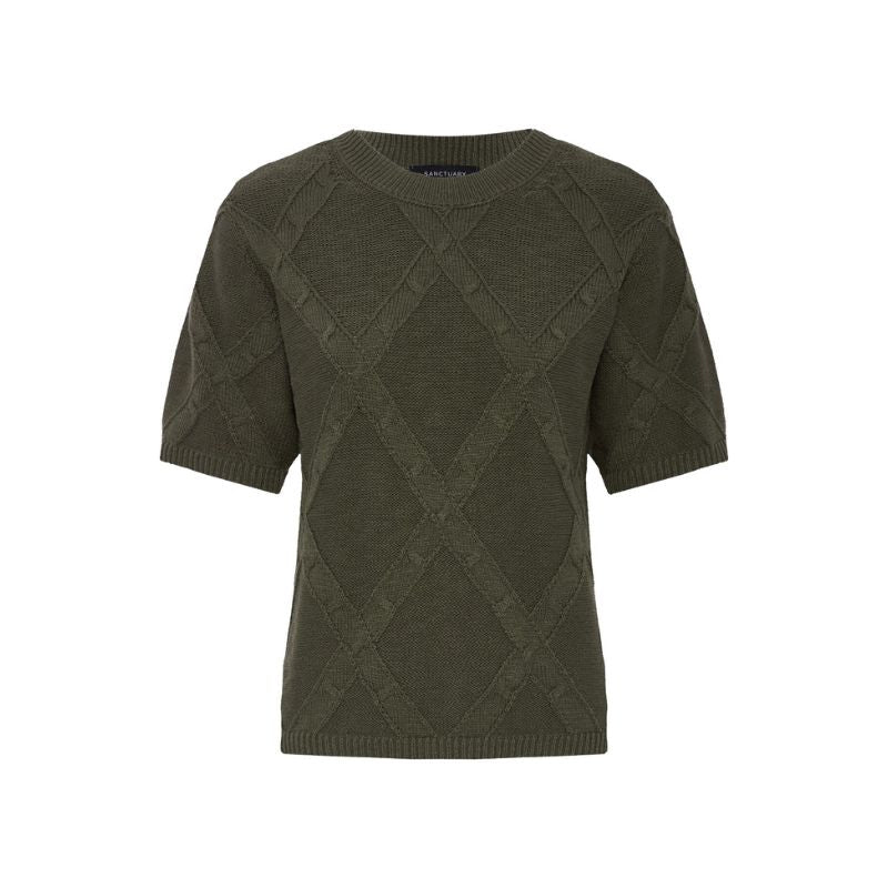 An olive green short-sleeve knit sweater with a diamond cable pattern, shown against a plain white background.