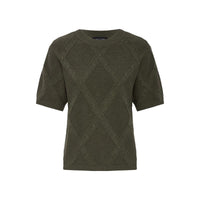 An olive green short-sleeve knit sweater with a diamond cable pattern, shown against a plain white background.
