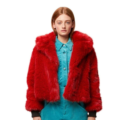 Long hair faux fur jacket in red showing full front with black ribbed cuff detailing. 