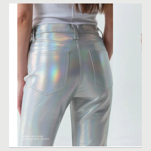 5 Pocket stretch pants in a hologram silver finish by DAZE  