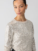 This fully lined long sleeve crewneck top is featured in a stunning champagne all over sequin fabric.