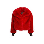 stunning cropped jacket with black ribbed cuffs - Long hair faux fur in red - made in Canada 