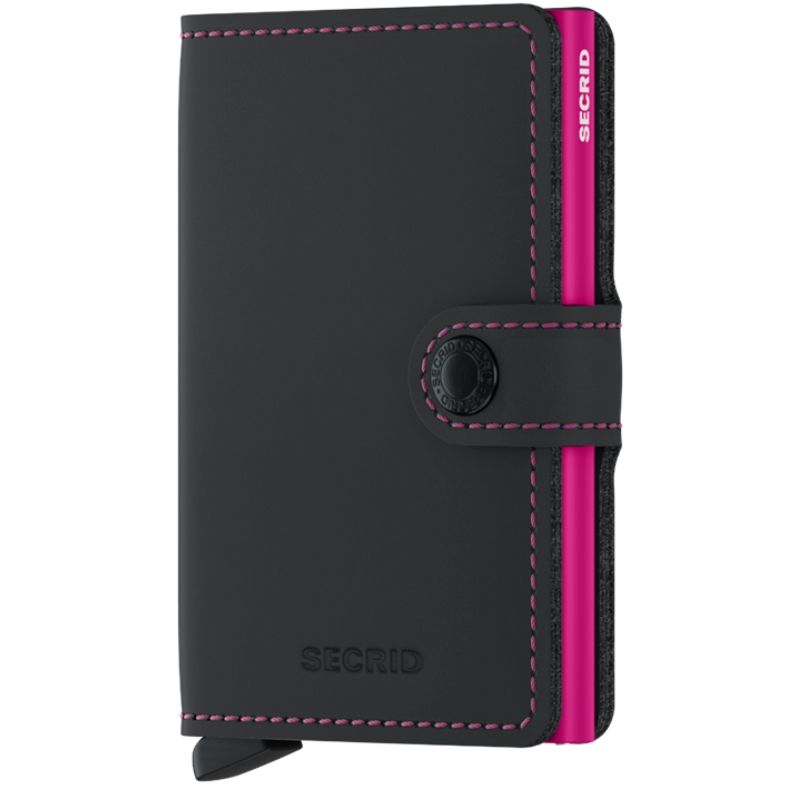 Miniwallet outsideis matte black leather with a fuchsia leather interior 