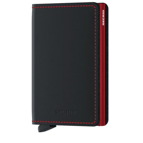 Secrid wallet in matte black leather with a red interior - front view 