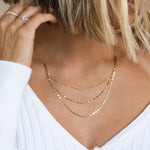 Leah Alexandra~ Shimmer  3 layer Necklace in 10k  Gold- 18" chain worn by model.