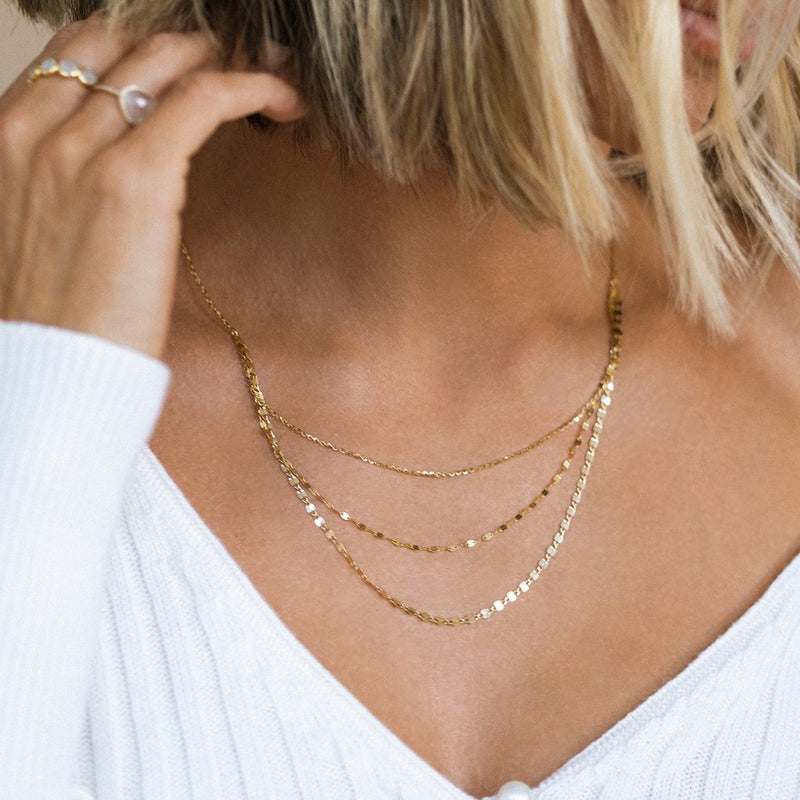 Leah Alexandra~ Shimmer  3 layer Necklace in 10k  Gold- 18" chain worn by model.
