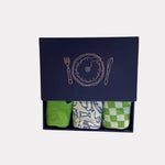 A fabulous box set with 3 pairs of fashion socks imprinted  shades  of Blue and green 