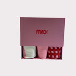 A fabulous box set with 3 pairs of fashion socks imprinted  shades  of Pink, Red, and crèm