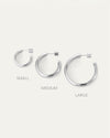 Shows the 3 sizes of basi Silver tone Hoop Earrings by Jenny Bird.
Small, Medium, Large, 