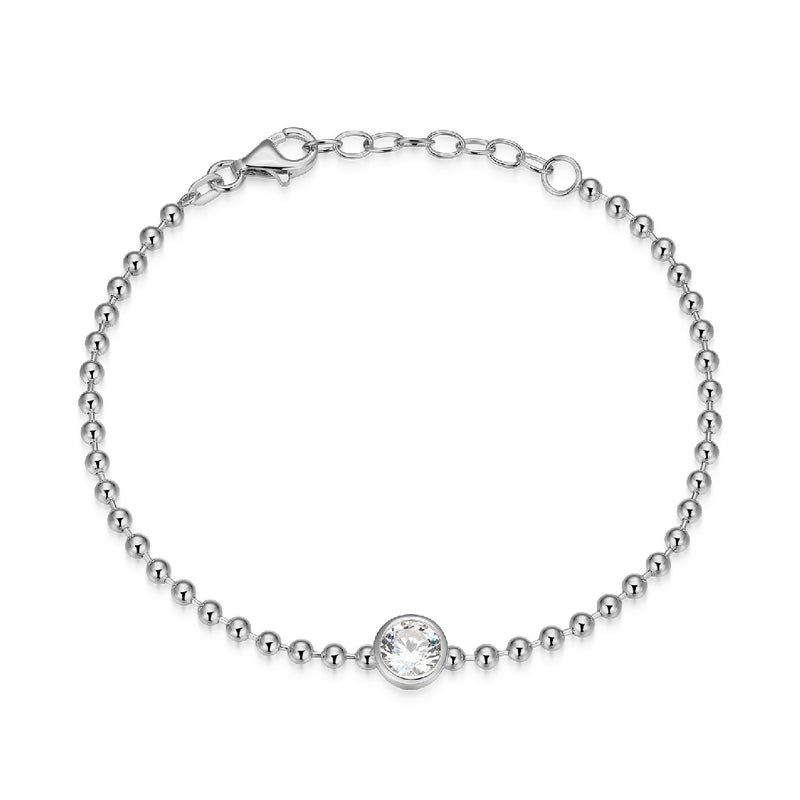 Silver beaded bracelet with a  bezel set round CZ  on a white background 
