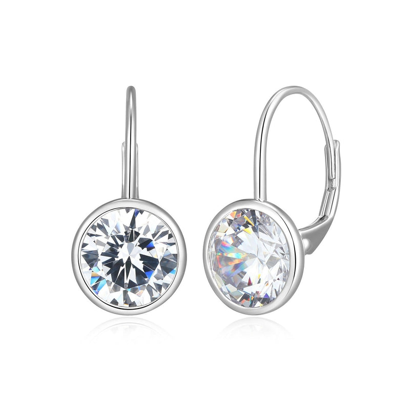 Pair of sterling silver hoop earrings with dangling Bezel set round CZ's on a white background