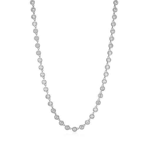 Sterling Silver Bezel set Cubic Zirconia Tennis Necklace on a white backgrond 