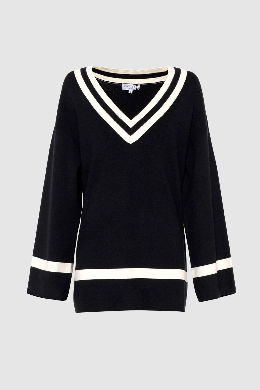 Varsity knit v meck sweater with contrast trim 