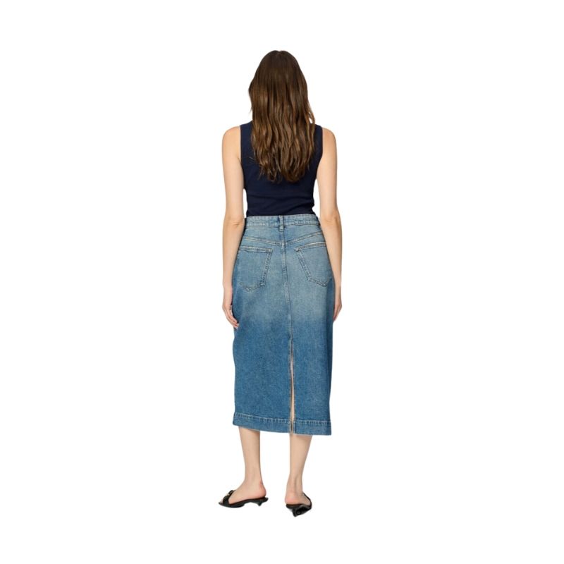 A midi denim  A- line skirt with a back split and khaki top stitching 