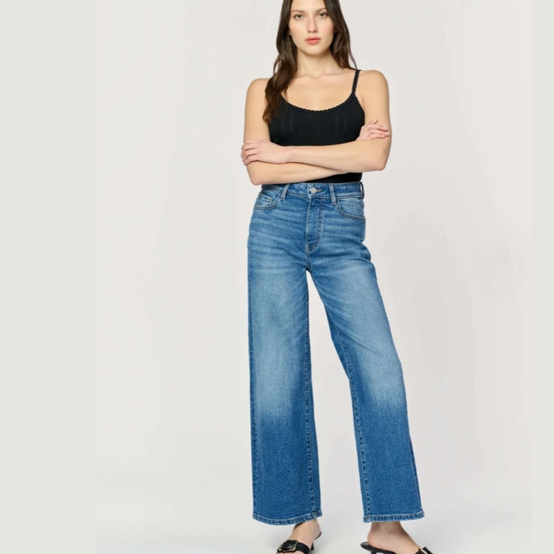 Wide Leg Cropped 26" medium blue wash- everafter, - front view on model 