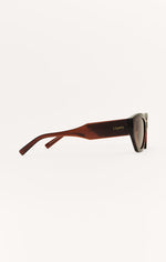 Side view of Chestnut brown sunglasses with a rounded cat eye frame and brown lenses- Z SUPPLY 