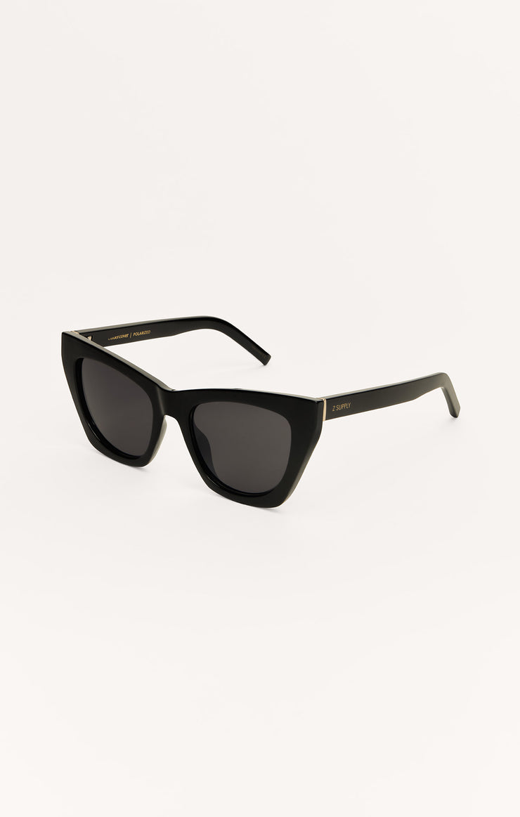 Glossy blackoversize frame sunglasses with grey lenses by Z SUPPLY  - side view 