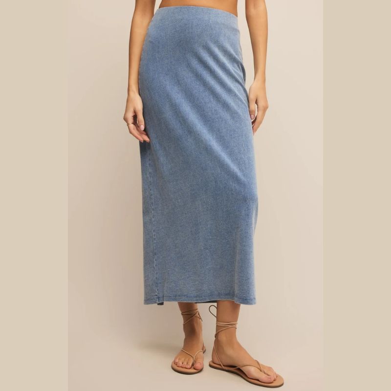 medium denim blue indigo jersey cotton straight long  skirt with elastic waistband 