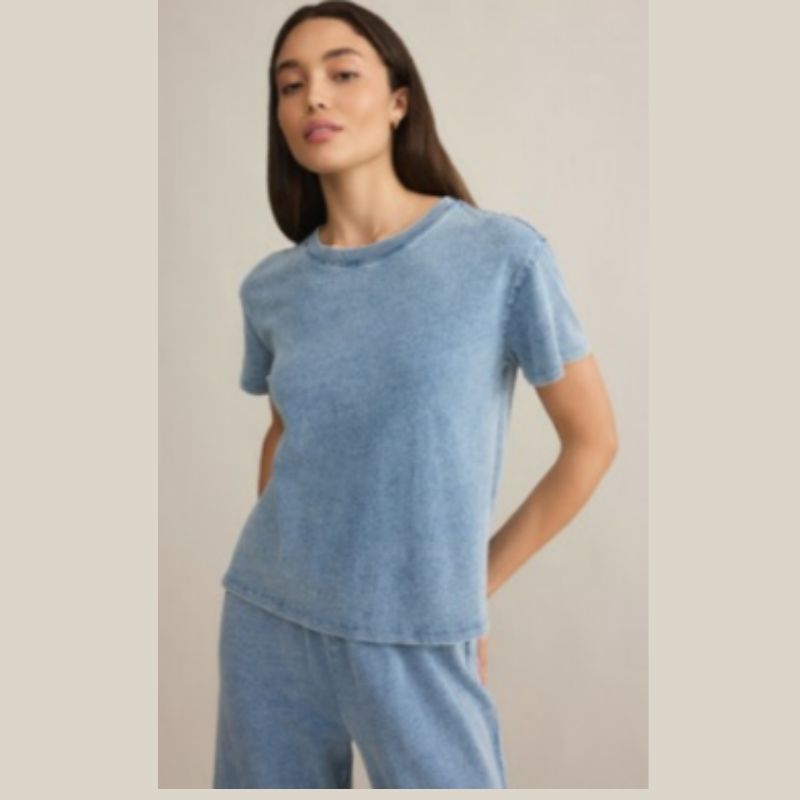 Relaxed fit short sleeve crewneck tee in medium wash indigo blue by Z supply. 
