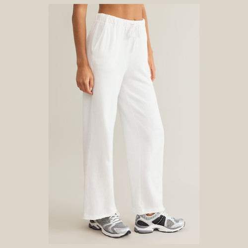 French Terry pant in white with elastic waistband and drawstring.