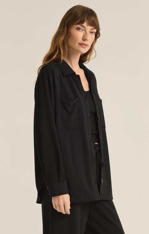 Black long sleeve  Layover button front top in a soft mid weight  fleece 