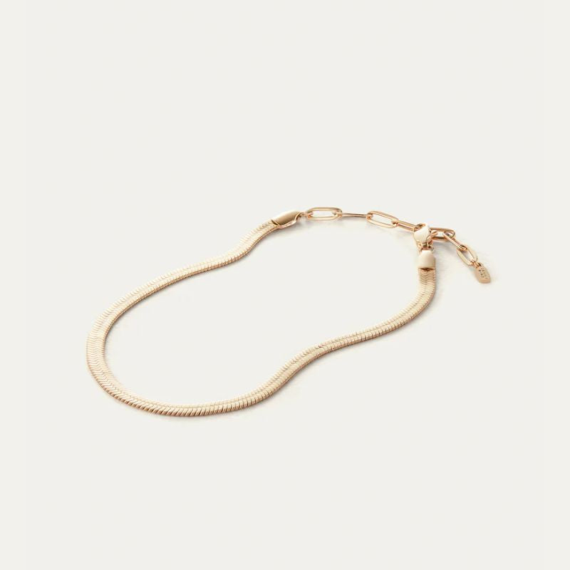 Gold snake chain anklet background on a light beige background