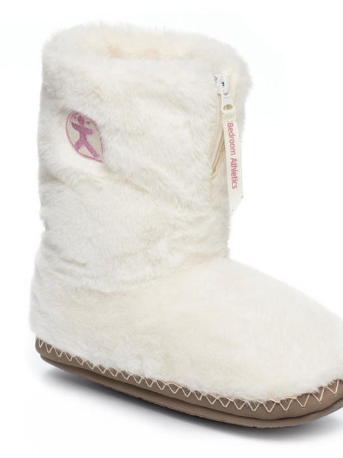 Side view of Monroe - Faux Fur Slipper Boots in Cream by Bedroom Athletics 
