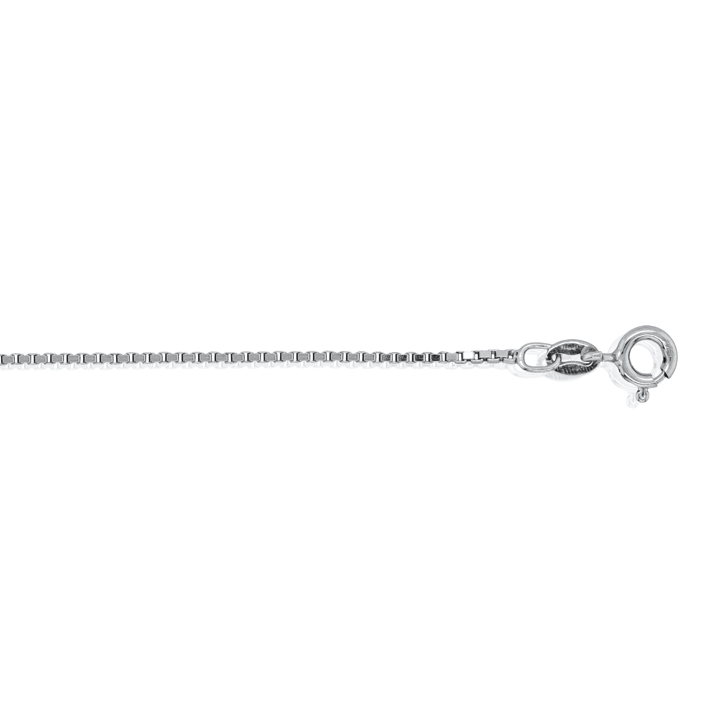 A sterling silver 1.2mm box link chain necklace on a white background.