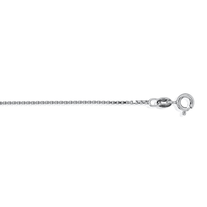 A sterling silver 1.2mm box link chain necklace on a white background.