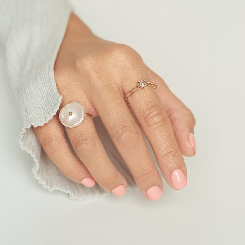 Poppy Finch Petal Pearl Gold Dot Ring on model