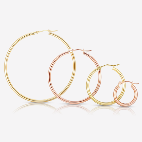 Shows all sizes of 2mm  10k Yellow Gold Tube Hoops-s available 