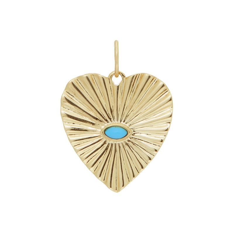ZAHAVA~ Turquoise Sunbeam Heart Charm in 10K Yellow Gold and the turquoise stone in the middle is in the shape of an eye. 