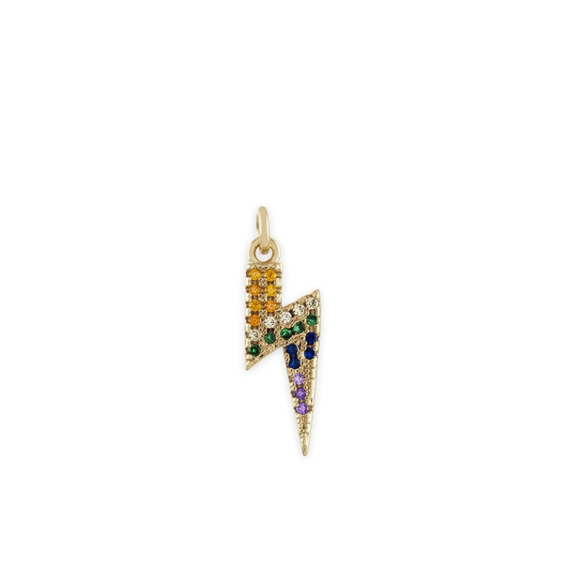 A lightening  Bolt Charm with Rainbow CZ's in 14l Gold Filled. full view