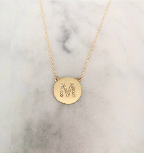 Diamond Disc Initial Pendant Necklace in Yellow Gold - The Right Hand Gal 