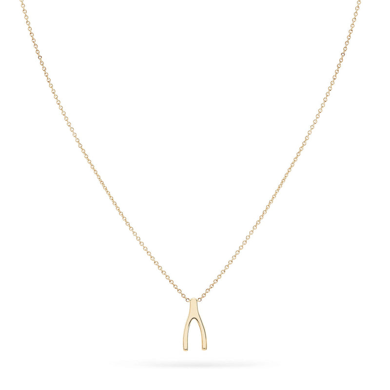Everyday Little Wishbone Necklace in 14k yellow gold- front view 