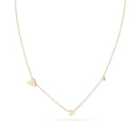 14K Yellow Gold Necklace with 3 Dainty Hearts , close up view  