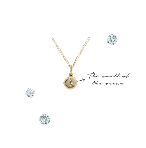 ZAHAVA~ Mini 8mm Golden Atlas Charm necklace- showing how and where the bespoke diamond is placed as you choose. 