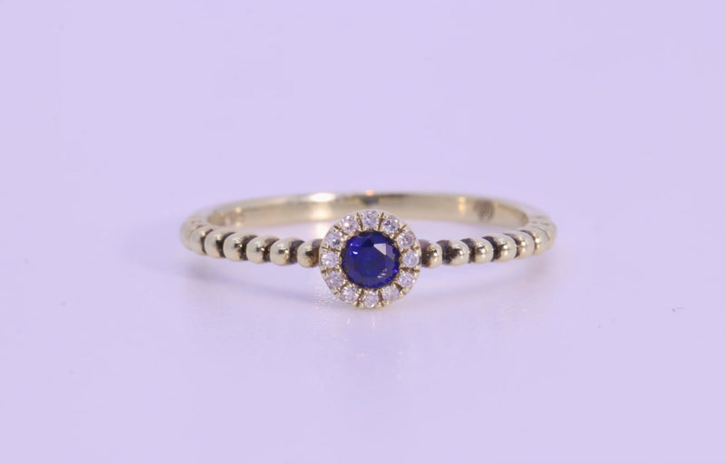 Ring -Petite Round Blue Sapphire set with white diamonds