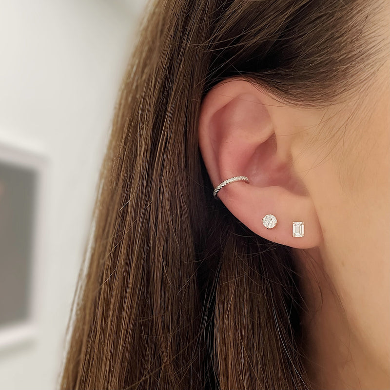 Emerald Cut   Diamond Stud Earring on Model 