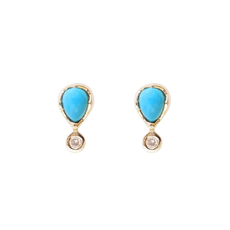 Pear Shaped Turquoise surrounded in yellow gold with a diamond drop at the bottom. Front view 