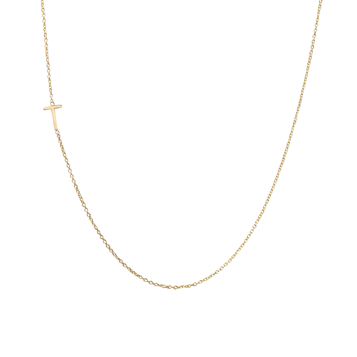 The Meghan Mini Initial Necklace in Yellow Gold with a T initial- The Right Hand Gal