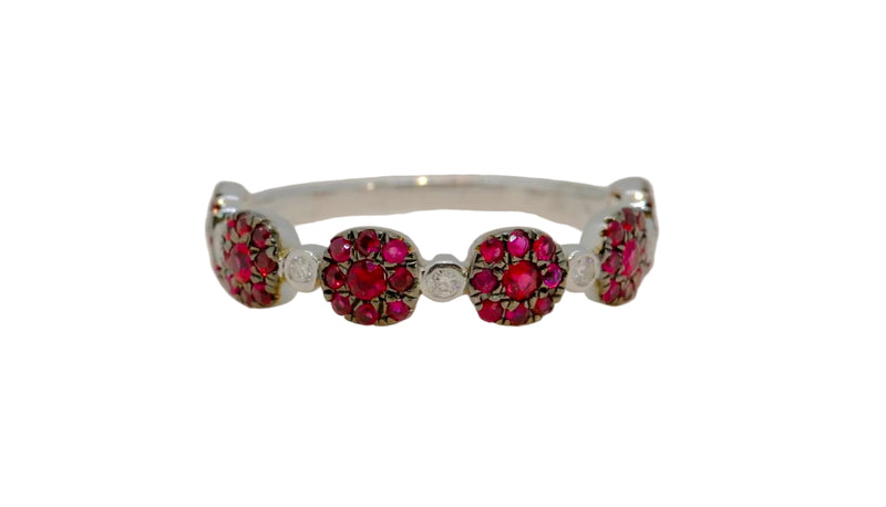 A white gold ring with Ruby and Diamond gemstones.