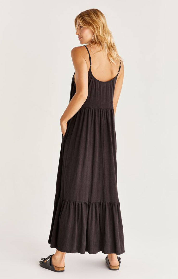 Lido Slub Maxi  Dress  with tierd skirt and pockets in black By Z Supply- Back  view 