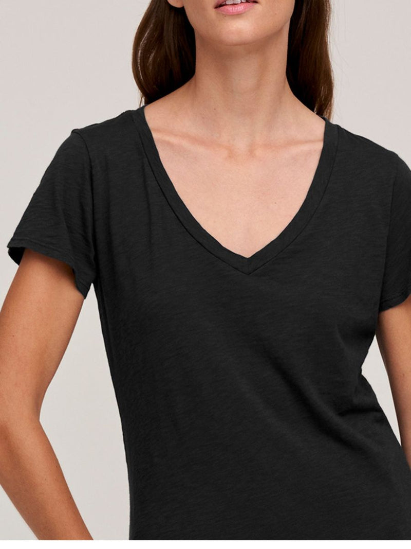 Lilith Cotton  Slub V-Neck Tee in black - close up view of front 