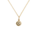 ZAHAVA~ Mini Golden Atlas Charm necklace in 10K Yellow Gold - Full front view of disc charm 