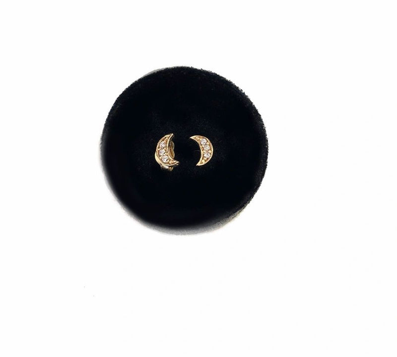 Gold Moon Stud Earrings with white topaz-The Right hand Gal