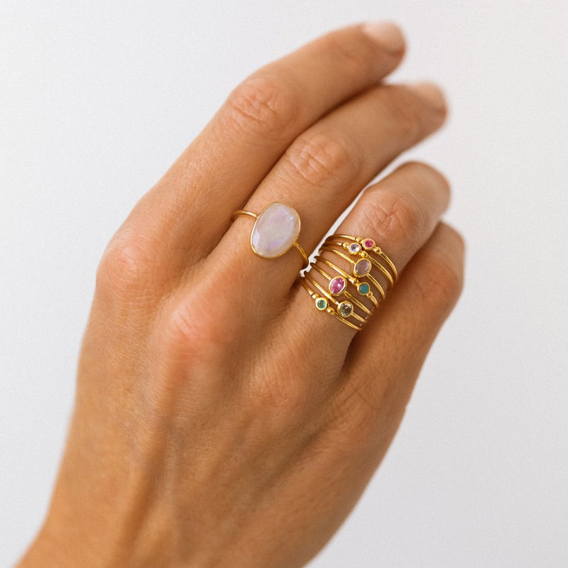 Leah Alexandra ~Isla Ring Turquoise worn with a multiple of rings stacked on Model.