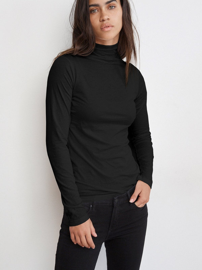 Gauzy Fitted Mock Neck long sleeve Tee in Black - front view 
